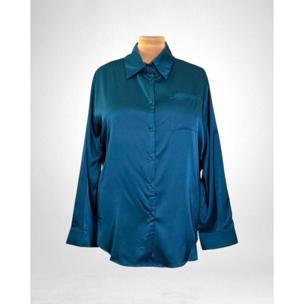 IN'VOLAND Dark Teal Plus Size Satin Silk Blouse, NEW! Size 20W